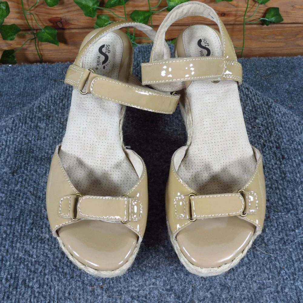 SoftWalk San Marino Womens Wedge Sandals 7.5 Wide Comfort Nude Patent‎ Leather